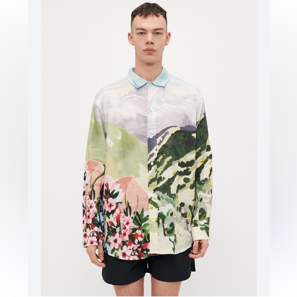 EUC Desmond & Dempsey Button-Down Landscape/Floral Print Oversized 100% Linen - Picture 4 of 9